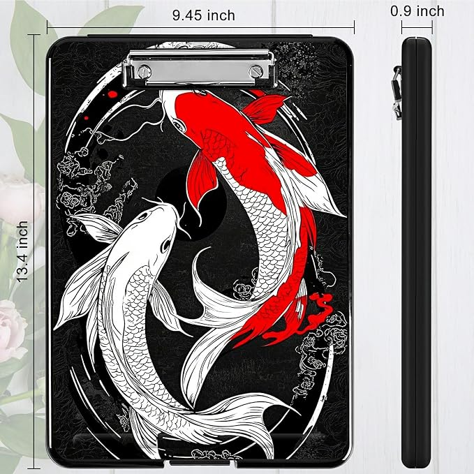 Red White Fish A4 Clipboard with Storage Pen Holder, Clipboards Organizer Nursing Clipboard Foldable File Folder Plastic Clipboard Folio Clip Board for Office Students Classroom Doctor