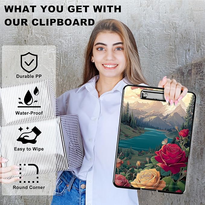 Heavy Duty Storage Clipboard, Slim Nursing Clipboard with Internal Pen Case, Portable File Organizer Case for A4 Letter Size Paper Office Medical Professionals, Rose Mountain Clouds