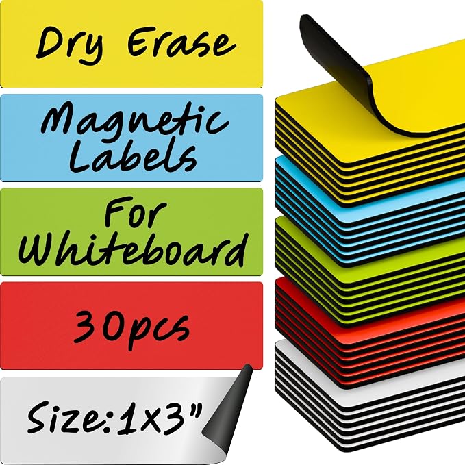 X-bet MAGNET Dry Erase Magnetic Labels, 1x3 (2.5x7.5cm), 30 pcs, Multicolor | Reusable Write-On Magnet Stickers for Fridge, Whiteboard & Classroom, Erasable Blank Labels & Sticky Notes