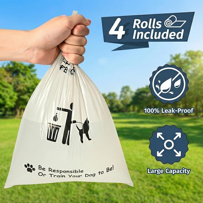 Dog Poop Bag Dispenser Wall Mount with Magnetic Lid, Quick Pull & Easy Access, White Dog Poop Bag Holder for Outdoor Yard, Includes 4 Rolls (60 Bags)