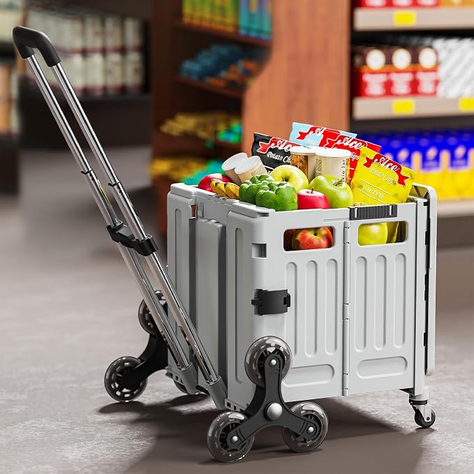 Folding Utility Cart Portable Rolling Crate Handcart Shopping Trolley Collapsible Tool Box, with Lid, Basket on 4 Rotate Wheels, for Grocery, Office, Luggage, Teacher-Green