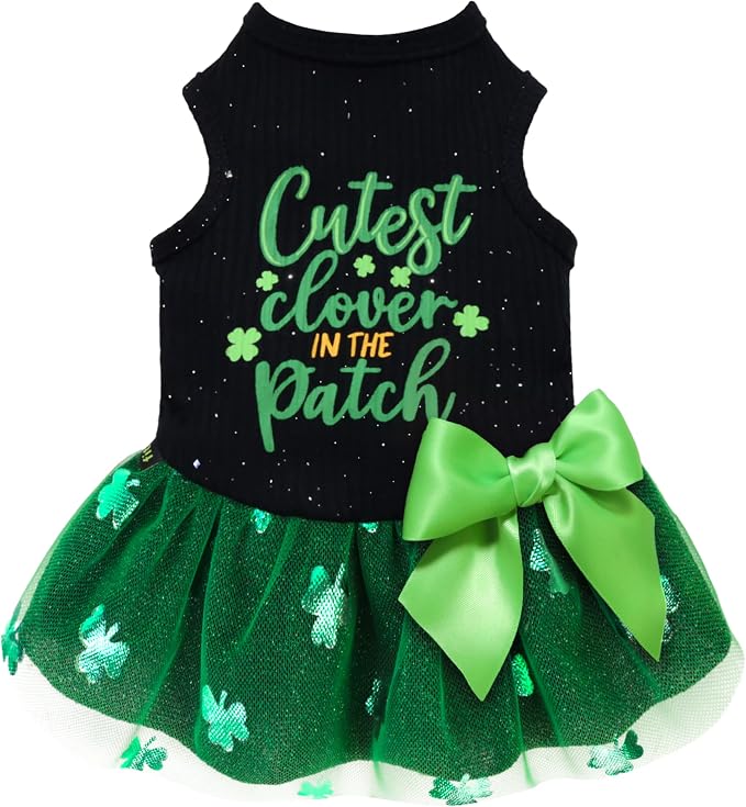 Fitwarm Cutest Clover in the Patch Dog Dress, St Patricks Day Dog Clothes for Small Dogs Girl, Funny Pet Cat Holiday Outfit, Black, Emerald Green, Large