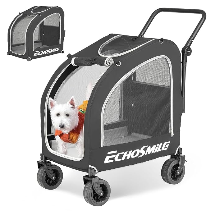 EchoSmile 4-Wheel Pet Stroller for Dogs & Cats, Up to 135 lbs, Black | Lightweight Carrier · Storage Basket Included · Adjustable Handle · Removable Pad