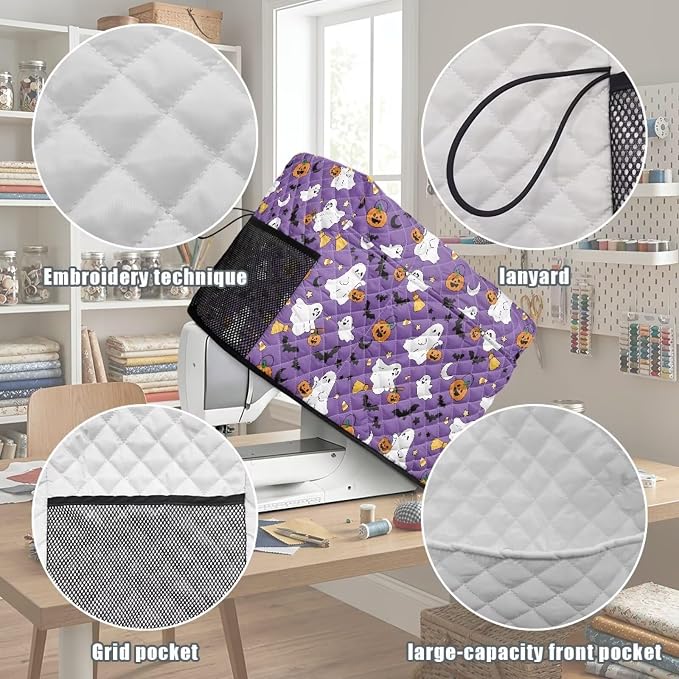 Sewing Machine Cover Polyester Febric Halloween Ghost Pumpkin | Dust Pet Hair Protection,Quilting Design,Fits Standard Singer,Brother Janome Machines,Protecting Decorating Your Sewing Space