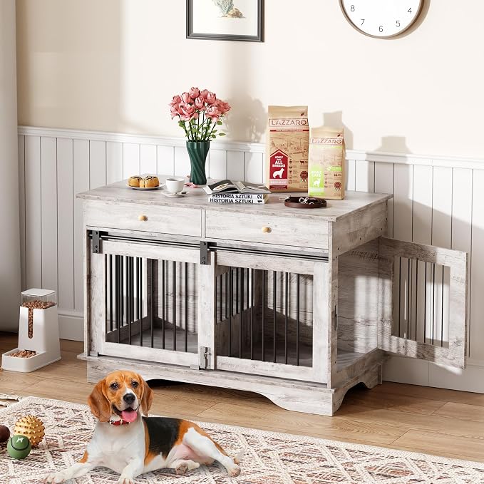 Multi-Functional Large Wooden Dog Crate Furniture – Double Kennel End Table with 2 Storage Drawers & Removable Divider – Indoor Pet Cage for Medium & Large Dogs, Grey