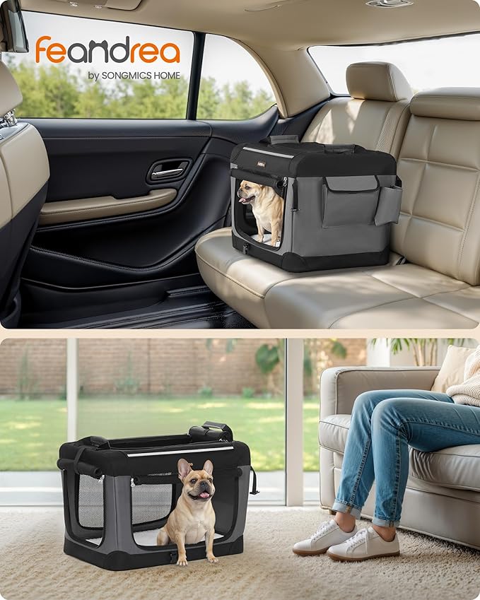 Feandrea Collapsible Dog Crate, Portable Travel Crate, 24-Inch | Oxford Fabric Pet Carrier with 4 Mesh Doors, Handles, Storage Pocket, Water Bottle Holder, UPDC016B01
