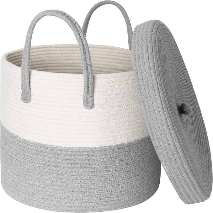 Storage Basket with Lid, Blanket Basket Living Room, Large Woven Cotton Rope Baskets for Storage, Kids Toy Storage Bin, Wicker Laundry Basket, Blankets Pillows Organizer Holder,15"x13", Gray