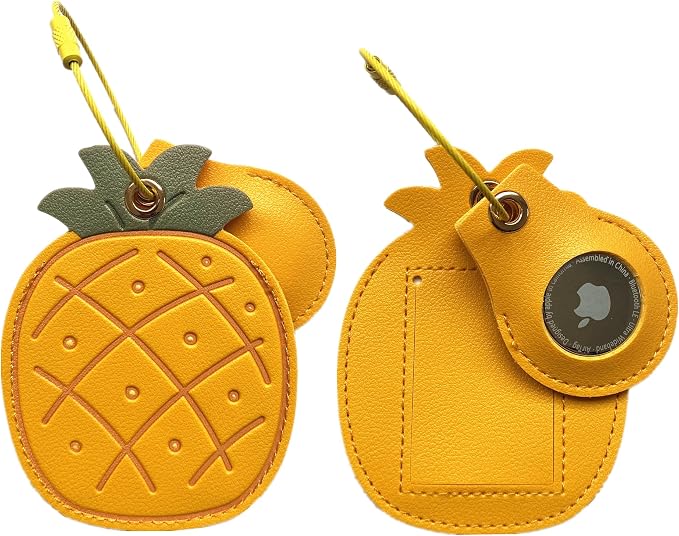 PU Leather Luggage Tag with Airtag Holder Case Set and Name ID Label | Hidden Compartment for AirTag Travel Suitcase Tracking Case with Stainless Steel Loop,Cute Fruit Plant Styles,Pineapple
