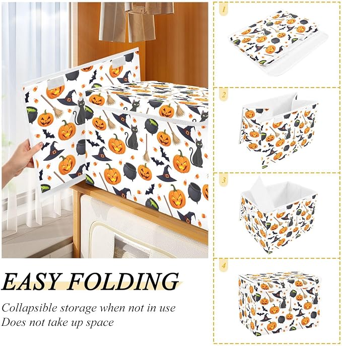 senya Halloween Storage Baskets Collapsible Storage Bins with Lids, Halloween Pumpkin Black Cat Ghost Bat Pattern Storage Boxes Clothes Baskets for Organizing