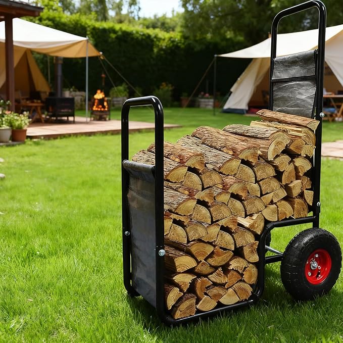 Doublehorse Firewood Cart 27x20x44 in Steel Pneumatic Wheels Gray | Heavy Duty Metal Waterproof Portable Storage Rack for Outdoor Camping Backyard Fireplace Indoor Use