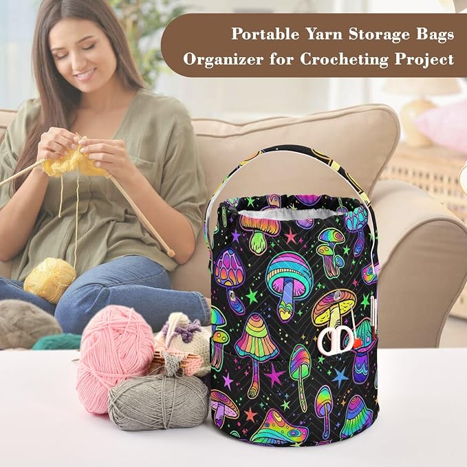 Fustylead Colorful Psychedelic Mushrooms Yarn Knitting Crochet Drawstring Bag with Customized Front Compartment, Portable Large Storage Basket for Crocheting Project, Kit, Yarn Ball, Needles
