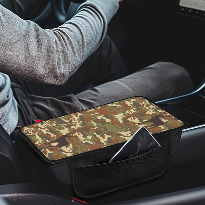 Howilath Auto Center Console Cover, Soft Armrest Pad with Pockets | Camo Deer Pattern Machine Washable, Comfortable Elbow Support, Universal Fit for Most Vehicles