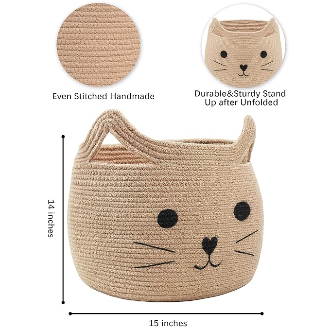 VK VK·LIVING Animal Baskets Large Woven Cotton Rope Storage with Cute Cat Design Laundry Organizer for Towels, Blanket, Toys, Clothes, Gifts – Cat Toy Box Pet or Baby Gift Baskets 15"Lx14H"