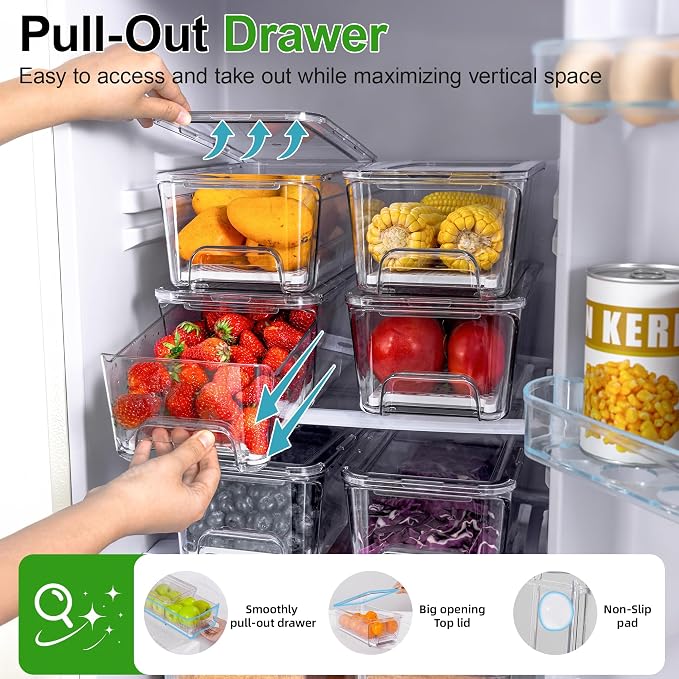 Fruit Storage Containers for Fridge with Pull-Out Organizer Bins, 4 pack | Stackable Pull-Out Drawers with Lids & Drain Trays, Large 5.22Qt, Keep Fruit Berry Veggie Salad Fresh Longer for Refrigerator