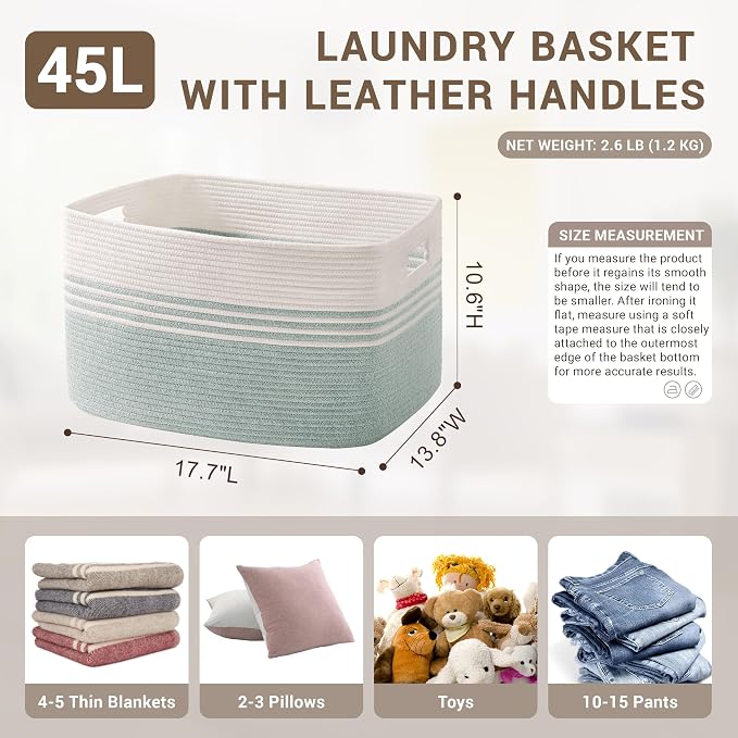 45L Small Woven Laundry Basket Hamper with Handles, Green | collapsible wicker hamper, storage for dirty clothes, toys, blankets, gifts, living room, bedroom, bathroom, 18"x14"x11"