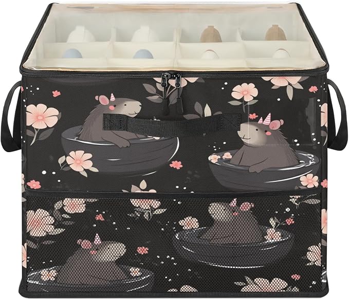 TropicalLife Capybara Cherry Blossom Shoe Organizer for Closet | Foldable Shoe Storage Organizer Box Bin with Adjustable Dividers and Clear Cover, Fits up to 16-32 Pairs