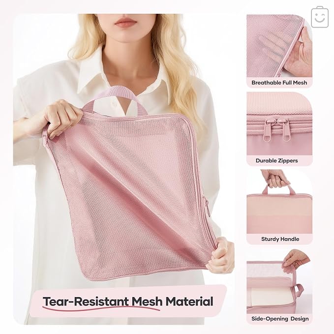 Veken 11 Set Compression Packing Cubes Garment Bags for Travel Essentials,Compressible Expandable Luggage Organizer Bags for Clothing,Space Saver Bags with Over 1000 pcs of Mesh Holes(Pink)