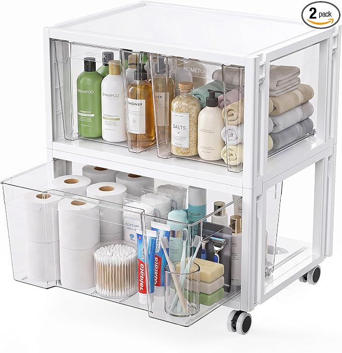 Extra Large Storage Drawer Cart, Storage Boxes 2 Tier-3 Drawer | With 1 Set Wheels, Stackable and Detachable Storage Unit, Home Kitchen Organizer for Art Craft Supplies Bedroom Bathroom
