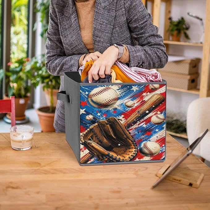 Baseball Glove Bat And Balls Storage Bin with Handles, Oxford Fabric Foldable Storage Cube Organizer for Clothes, Towels, Bedroom, Living Room, Home Organization