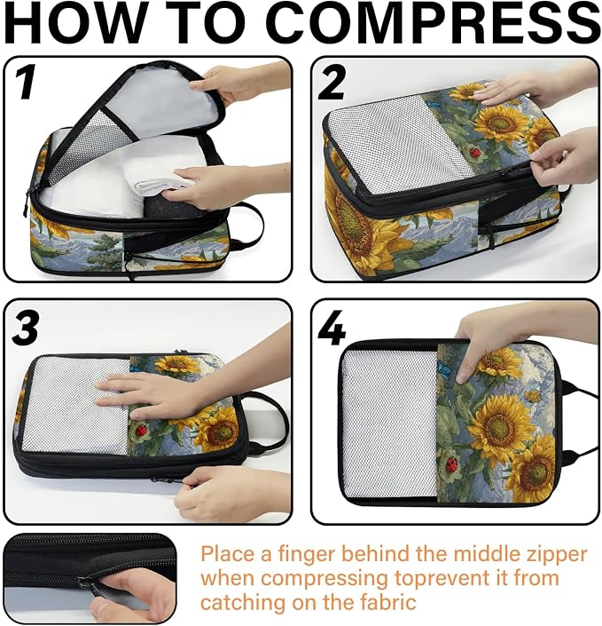 TropicalLife Sunflower Butterfly 6 Set Compression Packing Cubes | Compressible Expandable Luggage Suitcase Organizer Bags Space Saver Bags for Carry on