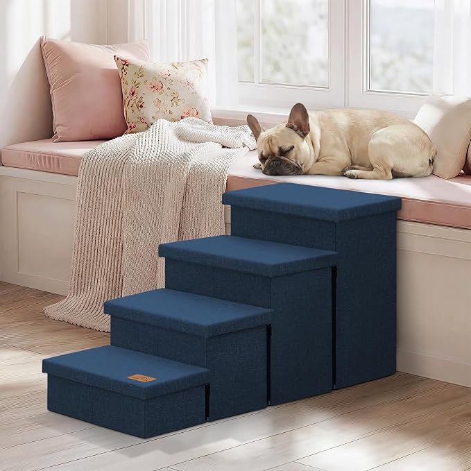 Zerbuger Dog Stairs with Storage, Navy Blue 4 Steps Dog Ramp no Condo | 23" H Wider Dog Steps for High Beds Couch, Folding Storage Pet Stairs Gift for Climbing Small/Medium/Large Old Dogs Cats