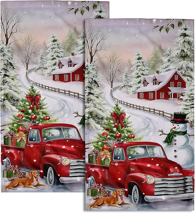 Giwawa Red Truck Towel Winter Snowman Xmas Pine Trees Decorative Hand Towels Set of 2 Snowflake Presents Snow Cottage Soft Microfiber Face Washcloth for Bathroom Guest Seasonal Hotel Gym