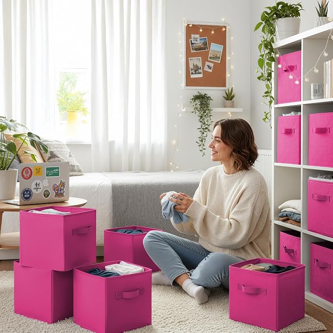 GRANNY SAYS 11 Inch Cube Storage Bin, Cube Organizer Bins, Rose Red, 6-Pack | Collapsible Storage Boxes with Thickened Base Plate, Sturdy Handles, Decorative Baskets for Shelves, Closet