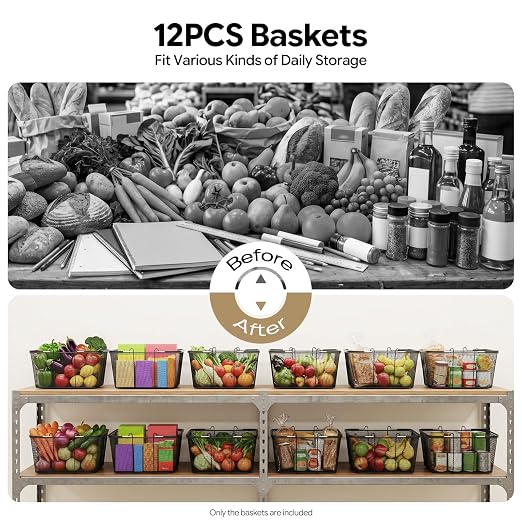 12PCS Shopping Baskets with Handles, 15.7x12x7inch Metal Storage Bins Grocery Baskets, Portable Shop Basket Used for Supermarket, Retail, Bookstore (Black Metal)