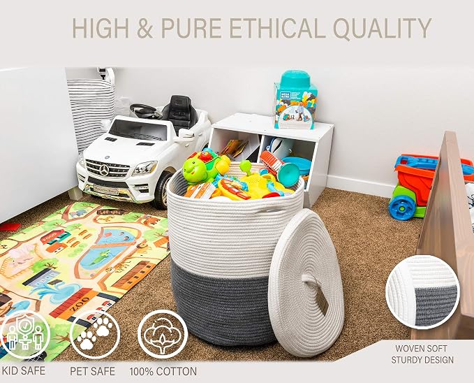 Mevyucr Large Laundry Basket with Lid, Tall Laundry Hamper with Lid, Woven Storage Basket Decorative Cotton Basket for Blankets Clothes Toys Pillows Towels Baby Nursery Bathroom Living Room Kitchen
