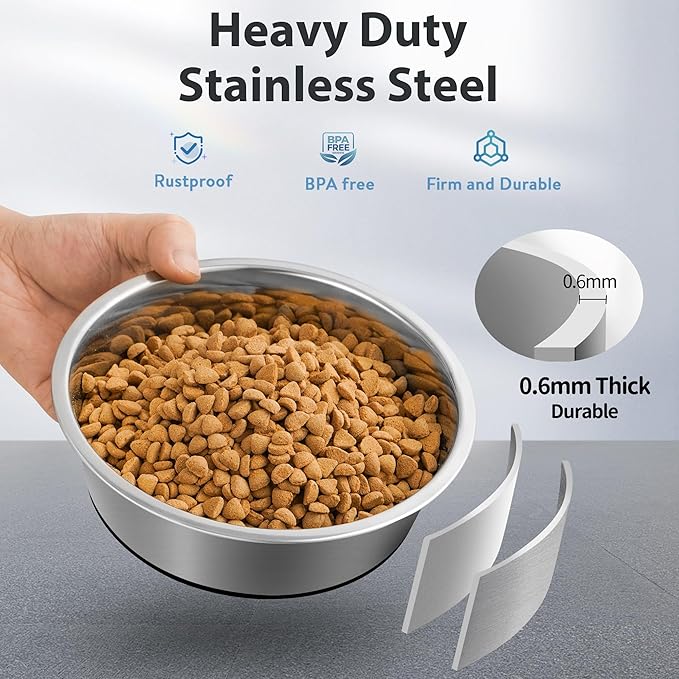 WROSWT Stainless Steel Dog Bowls Set of 2, Anti Rust Metal & Non Slip Rubber Base, Heavy Duty Large Feeding Dishes, Food Grade BPA Free, Food and Water Bowl for Small Dogs (17oz, 2.1cup)