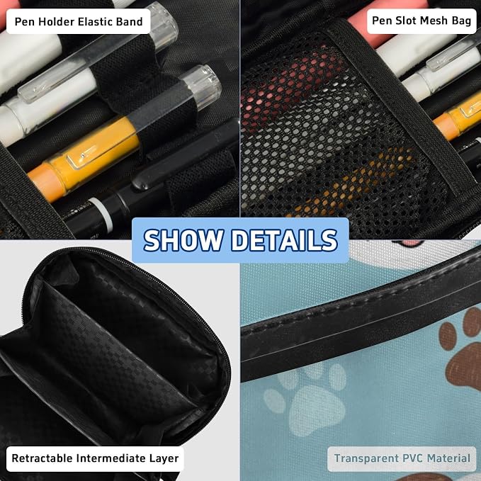 Cute Pets Puppies Blue pattern Large Capacity Pencil Case with Zipper Water Resistant Portable Organizer Pen Bag for School Office Students