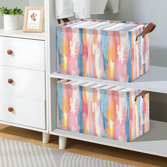 Pastel Rainbow Colored Abstrct Storage Basket Foldable Cube Storage Bin with Handles&Label Collapsible Organizer Box Bin Large Rectangle Decorative Basket for Shelve Home Living Room Closet