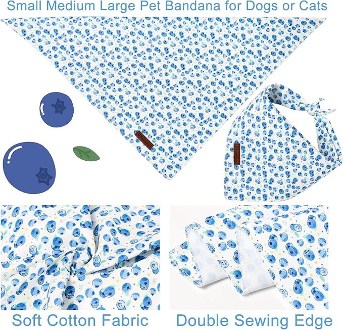 Blueberry Dog Bandana, Spring Summer Blueberry Puppy Bandana for Girl Female Dogs, Soft Cotton Pet Triangle Bid Scarf Kerchief for Girl Boy Dogs or Cats