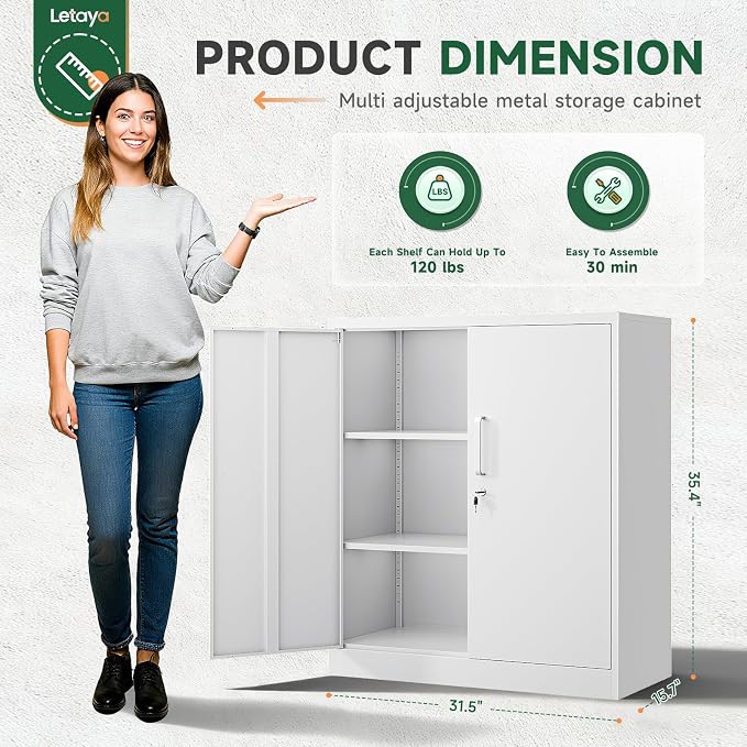 Metal Storage Cabinets with Lock, Small Locker Organizer Steel Cabinets, Adjustable Layers Shelves 2 Doors for Home, Office, Warehouse,Garage,Industrial,Employee Lockers (White-36)