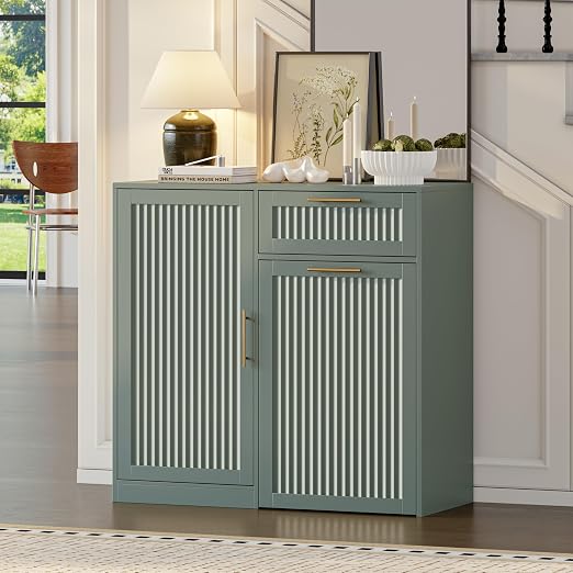 Single 13 Gallon Pull Out Trash Can Cabinet with Storage Cabinet,Green | Pet Proof Hidden Garbage Can Cabinet,3-Tier Shelves,Fluted Design,Extra Drawer Space,Kitchen & Dining Room Organization