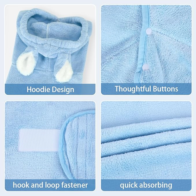 Pet Bathrobe Towel Dog Cat Drying Coat Super Absorbent Cute Dogs Bath Towel Hooded Robe Adjustable Collar & Belly Strap for XSmall to XLarge Pets (Blue, X-Small)