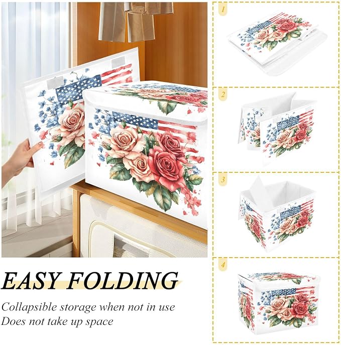 senya July Fourth Baskets Collapsible Storage Bins with Lids, Roses Gypsophila Flag Storage Boxes Clothes Baskets for Organizing