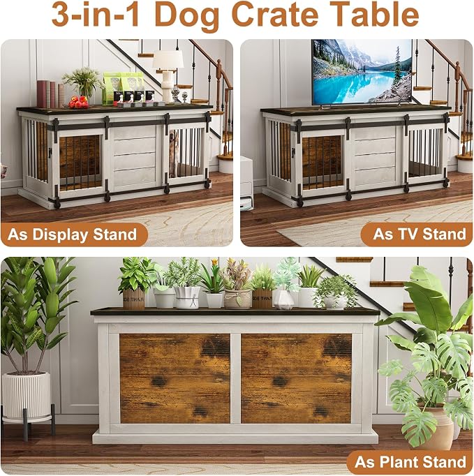 62" Farmhouse Dog Crate Furniture for 2 Large Dogs, Distressed White | Solid Wood Crate Furniture, Removable Divider, Dual Sliding Barn Doors, 2 Locks, Spacious Design, Heavy-duty TV Stand.