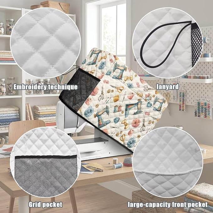 Sewing Machine Cover Polyester Febric Sewing Tool Motif Print | Dust Pet Hair Protection,Quilting Design,Fits Standard Singer,Brother Janome Machines,Protecting Decorating Your Sewing Space