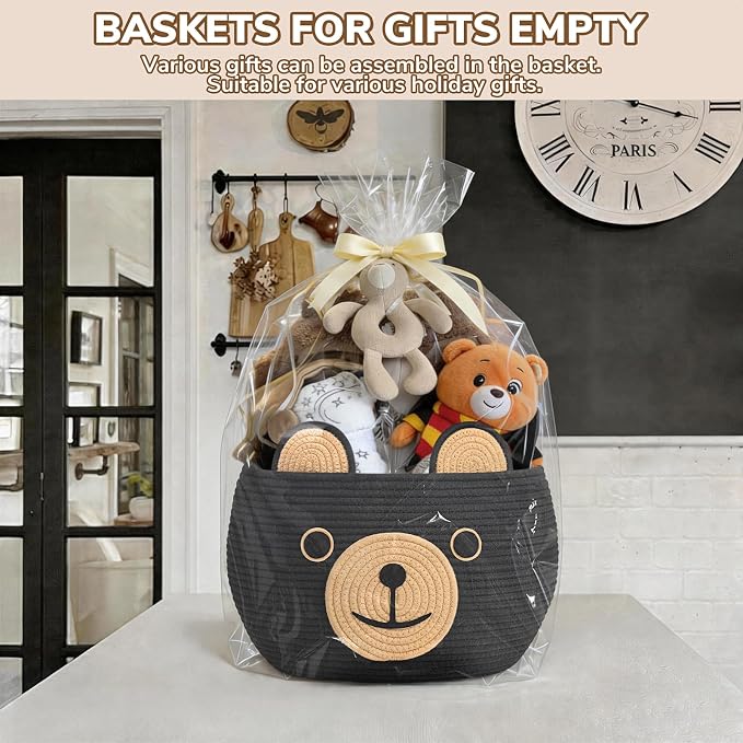 CherryNow Large Baby Basket for Gifts Empty, Cute Bear Design, Black | 15.7" x 10.5" Baby Shower Basket for Kids Boys Newborn Storage, Woven Rope Toy Basket, Fits Living Room Nursery Décor