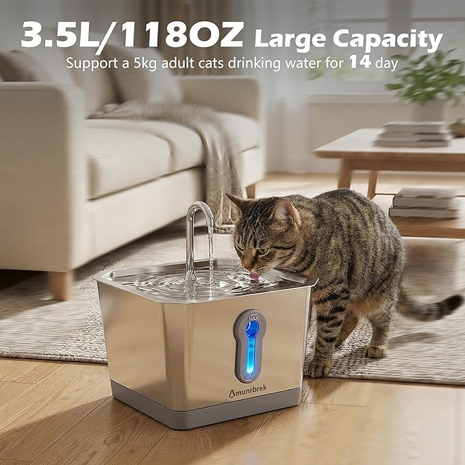 Amunrbrek Wireless Cat Water Fountain, 3.5L Stainless Steel, Smart App & Motion Sensor Control, Battery Operated, Silent Pump, Low Water Alert & Drinking Tracking