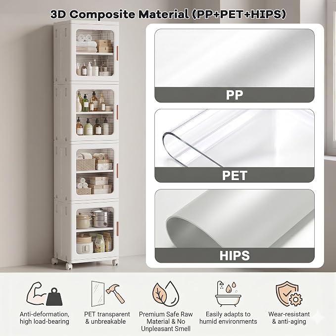 4-Tier Tall Narrow Plastic Storage Cabinet, Foldable | Rolling Organizer with Lid,4 Doors,2 Adjustable Shelves,Stackable,Durable PP,Freestanding Bathroom Cabinet for Slim Space