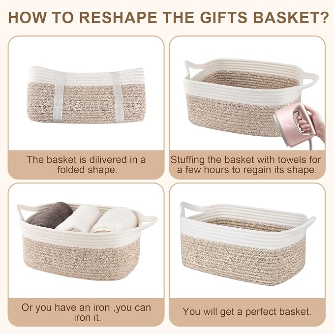 OIAHOMY Woven Basket, Gift Basket Empty with Gift Bags and Ribbons, Rope Baskets for Baby Showers, Storage Baskets with Handles for Nursery, Pet Toy Organizer - Brown & White