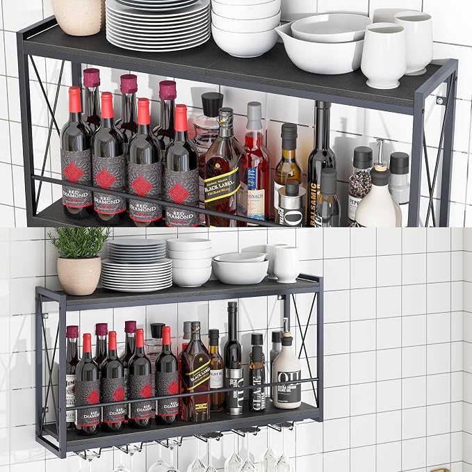 Dokser Wine Rack Wall Mounted Shelf - 2 Tier Wine Bottle Holder for Kitchen | Black 2 Tier Wall Wine Rack with Rustic Wood & Industrial Iron Frame Wine Bottle Holder for Dining Room, Home Bar Decor 31.5"