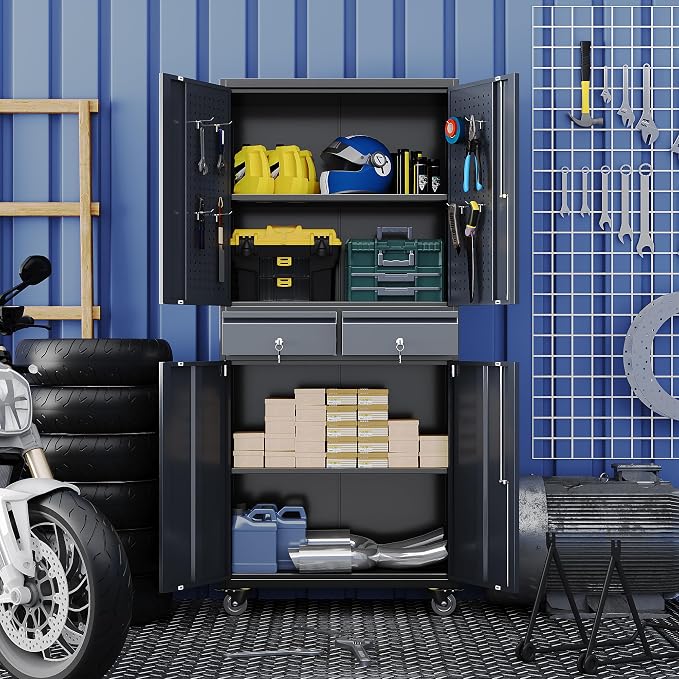 Reemoon Garage Storage Cabinet with Wheels and Doors,71" H Metal Storage Cabinet with Pegboard and 2 Drawers for Garage, Warehouse,Home,Required Assembly,Black and Dark Grey