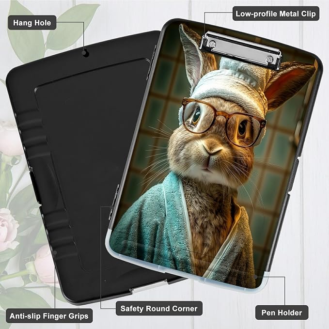 A4 Clipboard with Storage Pen Holder, Clipboards Organizer Nursing Clipboard Foldable File Folder Plastic Clipboard Folio Clip Board for Office Work Classroom Doctor, Glasses Rabbit