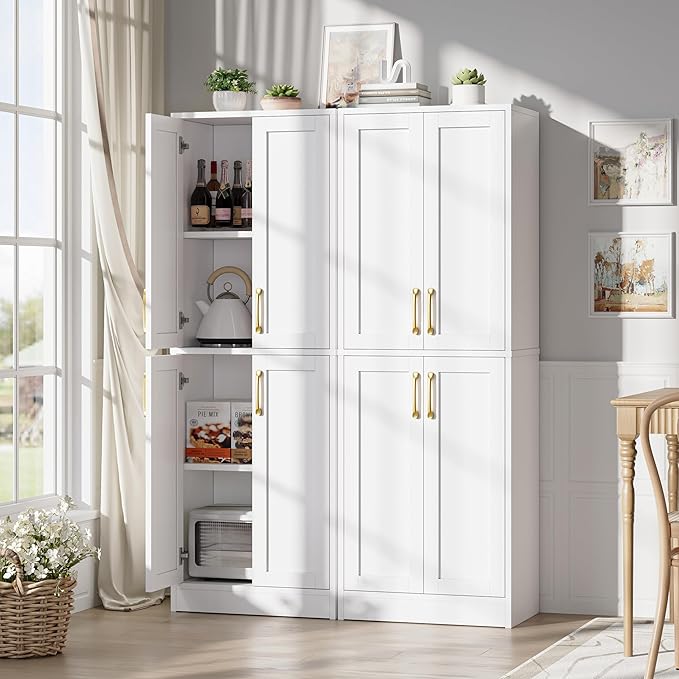 Pantry - Kitchen Pantry Cabinet with 4 Doors and Adjustable Shelves, Tall Black Cabinet Freestanding Storage Cupboard for Dining Room Living Room, Laundry, Bathroom (White)