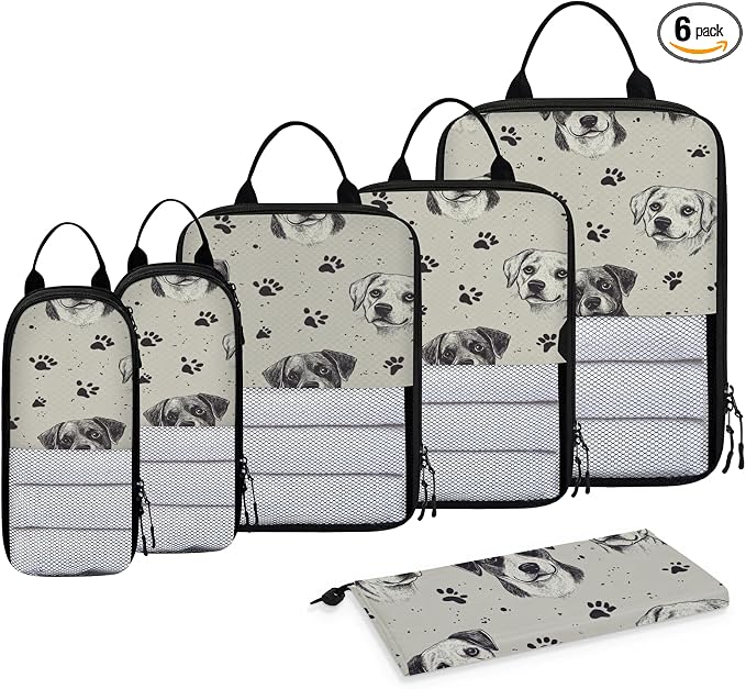 Cute Puppy Dogs 6 Set Compression Packing Cubes | Paw Print Travel Accessories Expandable Packing Organizers Space Saver Bags for Organizing Clothes