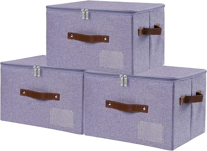 ANMINY Storage Box Fabric Bins with Zipper Lid, 15"x10"x10" Purple 3PCS | Keepsake Box, Decorative, Cotton Linen, Reinforced PP Board Frame, Washable, Stackable & Foldable, Label Holder & PU Handles