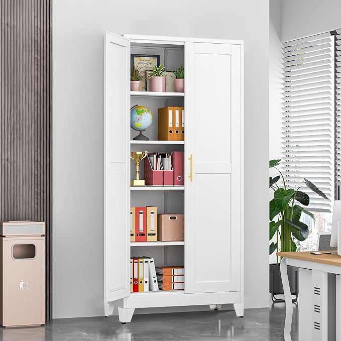 GAIOUS 71" Tall Metal Storage Cabinet with 2 Doors and 4 Adjustable Shelves | Kitchen Pantry Cabinet White Freestanding Cupboard, 5 Tier Multifunctional Steel Storage for Office, Kitchen, Dining Room
